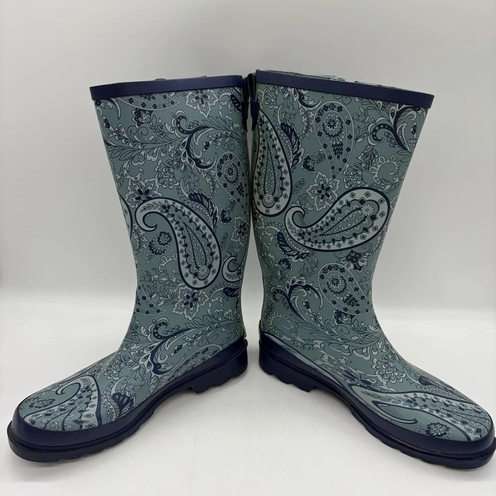 Western Chief Womens 8 Rubber Rain Boots Mid Calf Paisley Plains Navy Blue